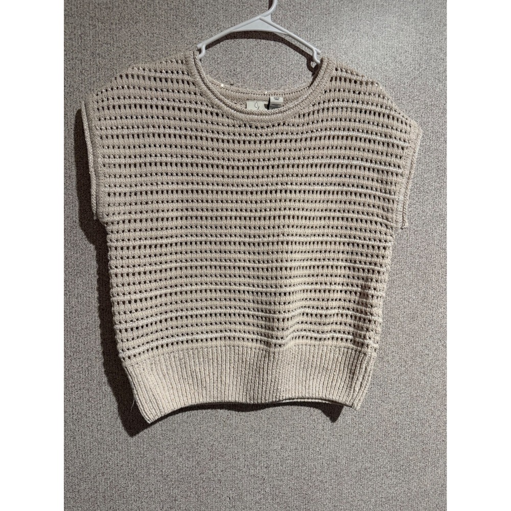 Joie Womens Metallic Open Knit Sweater Vest Cream Gold Sleeveless Top Small